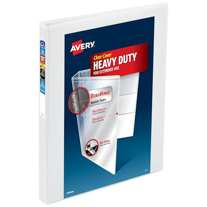 Avery Heavy-Duty View 3 Ring Binder, 0.5 Inch One Touch Slant Rings, 135-Sheet Capacity, DuraHinge, 0.7 Inch Wide Spine, Customizable Clear Cover and Spine, 1 White Binder (79380) - size: 0.5"