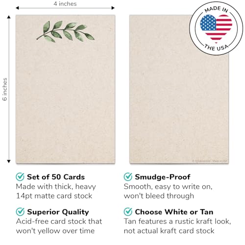 321Done Blank Note Cards, 4x6 Thick Cardstock - Greenery Leaves Tan Card Stock, Notecards & Stationery for Writing, Stamping, Printing - Made in USA, Set of 50 - No Envelopes - color: Greenery, Tan, size: 4x6, Vertical