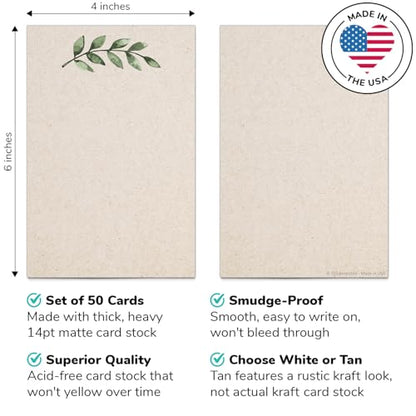 321Done Blank Note Cards, 4x6 Thick Cardstock - Greenery Leaves Tan Card Stock, Notecards & Stationery for Writing, Stamping, Printing - Made in USA, Set of 50 - No Envelopes - color: Greenery, Tan, size: 4x6, Vertical