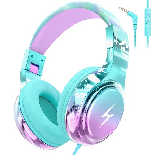 Owliwise Kids Headphones for School and Travel, Safe 85/94dB Volume Limiter, HD Microphone, Stereo Sound, Over-Ear Foldable Wired Headphones, 3.5mm Jack for iPad Cord Tablet Computer, Boys Girls - color: Cyan