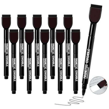 Magnetic Dry Erase Markers, 0.5 mm Ultra Fine Black Whiteboard Markers with Built-in Eraser, Low Odor Thin Marker for White Board Home Office Classroom, 12 Pcs