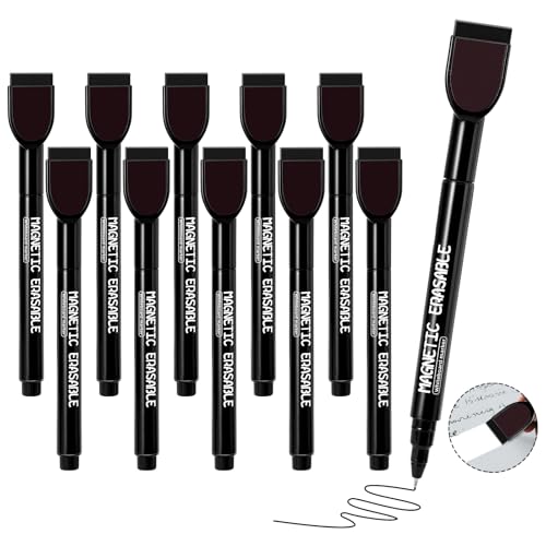 Magnetic Dry Erase Markers, 0.5 mm Ultra Fine Black Whiteboard Markers with Built-in Eraser, Low Odor Thin Marker for White Board Home Office Classroom, 12 Pcs