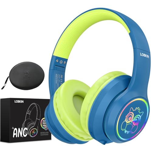 LOBKIN Active Noise Cancelling Headphones for Kids with Case - RGB LED Light Up Foldable Adjustable Over Ear Headphone Support Wireless or 3.5mm Wired Mode for Toddler & Girls & Boys Teens