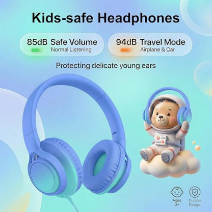 Kids Headphones Wired with Microphone, 85/94dB Volume Limit, 3.5mm Jack & USB-C Adapter, Foldable Over Ear Headset for School, Tablet, iPad, Laptop, Travel(Sky Blue) - color: Gradient Sky Blue & Teal
