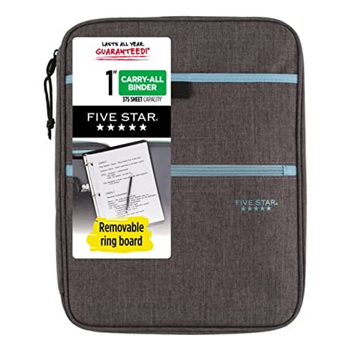 Five Star Zipper Binder, 1 Inch 3-Ring Binder with Round Rings, Carry-All with Pockets and 4-Tab Dividers, 375 Sheet Capacity, Gray/Mint (29092BH0) - color: Gray/Mint