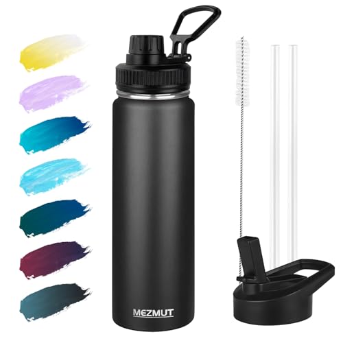 MEZMUT 24oz Stainless Steel Metal Sports Insulated Water Bottle (Black） | Leak-Proof Reusable Travel Cup for Man, Double Wall Vacuum Cold Water Bottle with Straw and 2 Lids for Hiking, Camping, Gym - color: Black, size: 24 Ounces