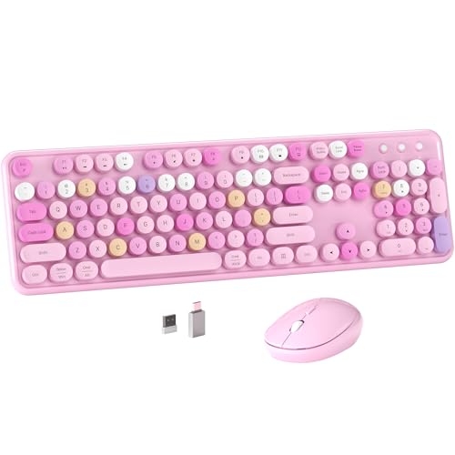 Colorful MPTOG Wireless Computer Keyboard and Mouse Combo (Pink-Colorful) | Retro Round Typewriter Keycaps, Power Switch, Ergonomic Design, 2.4GHz Wireless for Windows, Mac, PC - color: Pink-Colorful