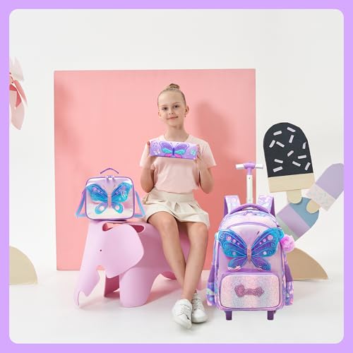 Meetbelify Girls Rolling Backpack with Wheels for Kids 3D Butterfly School Roller Backpack,Carry on Travel Luggage with Lunch Bag and Pencil Case for Girls Ages 5-12 - color: 01 Butterfly
