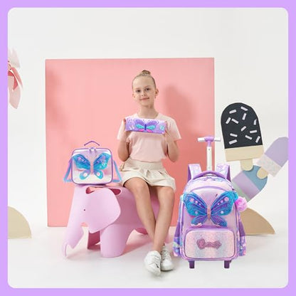 Meetbelify Girls Rolling Backpack with Wheels for Kids 3D Butterfly School Roller Backpack,Carry on Travel Luggage with Lunch Bag and Pencil Case for Girls Ages 5-12 - color: 01 Butterfly