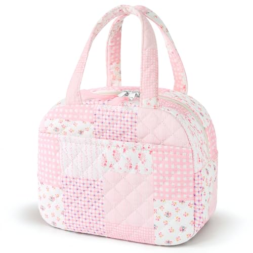 WOBAGMEN Quilted Lunch Box for Women,Coquette Aesthetic Lunch Box for Teen Girls,Cute Pink Patchwork Lunch Bags for Work, School,Office,Picnic,Travel (Pink Patchwork) - color: Pink Patchwork