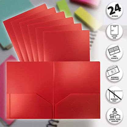 Better Office Products Heavyweight Plastic 2 Pocket Portfolio Folder, Letter Size Poly Folders 24 Pack (Red) - color: Red
