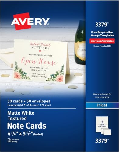 Avery Printable Note Cards, Envelopes Included, 4.25" x 5.5", Textured White, Laser & Inkjet Compatible, 50 Blank Cards, Great for Product Branding, Marketing, and More (3379), (Pack of 6) - size: 4.25" x 5.5" (Pack of 6)