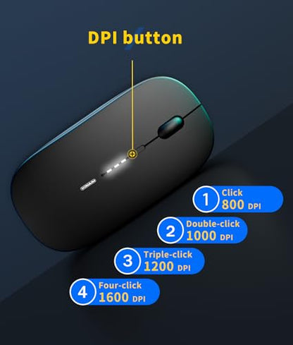 Wireless Mouse Rechargeable, 2.4G Silent Ultra Slim Portable Mouse,4 Adjustable DPI 800/1000/1200/1600 Quiet Click Cordless Mouse for Laptop PC Computer-Black