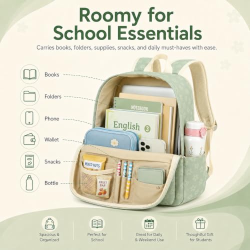 BTOOP School Backpack for Teens Large Cute Bookbag Lightweight 15.6 inch Laptop Bag for Girls Women Casual High School College - color: Green Floral