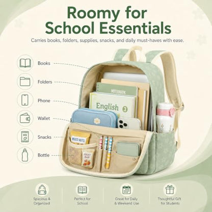 BTOOP School Backpack for Teens Large Cute Bookbag Lightweight 15.6 inch Laptop Bag for Girls Women Casual High School College - color: Green Floral
