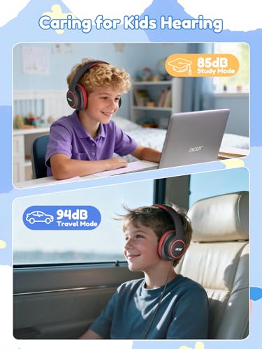 Acer Kids Headphones Wired for School - Over Ear Design, 85/94dB Safe Volume Limit, 3.5mm Jack Foldable Headphones for Toddler Boys Girls Classroom Yoto Player Chromebook Travel Black Red - color: Black Red