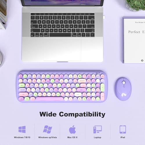 Wireless Keyboard and Mouse Combo, 2.4GHz Wireless Retro Keyboard and Mouse for PC/Laptop/Desktop/Windows (Purple Colorful) - color: Purple