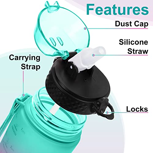 24 OZ Motivational Kids Water Bottle With Time Marker,Straw Lid,Leak Proof, Tritan BPA Free Sports Water Bottle Green-Purple(1 Lid) - color: Green Purple