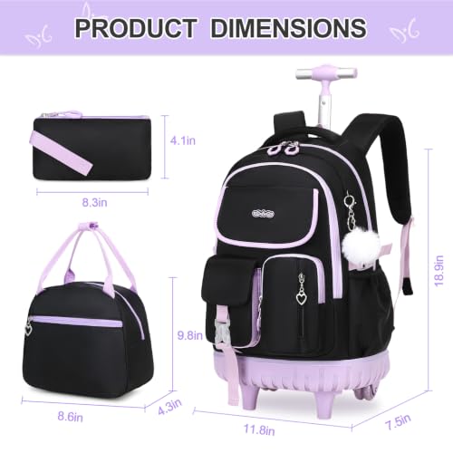 DIGOBAY Rolling Backpack for Girls, Girls Roller Backpack with Lunch Bag and Pencil Case, School Bookbag with Wheels for Elementary Middle High School Travel, Black Purple - color: Black and Purse