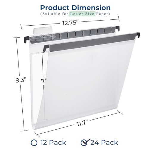Y YOMA Plastic Hanging File Folders with Pocket, Letter Size, 1” Expansion 24 Pack Clear Reinforced Hanging Folders with Tabs, Waterproof for Filing Cabinet Bulky Files Home Office - size: Letter Size - 24 Pack
