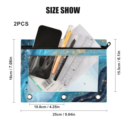 Kcldeci Pencil Pouch for 3 Ring Binder, Ocean Marble Blue Gold 2 Pack Binder Pencil Pouch with Clear Window Pencil Bags with Zipper Pencil Case for Binder - color: B09