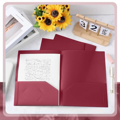 Gueevin 100 Pack Plastic Folder with Pockets, 2 Pocket Folders, Plastic Glossy Folders Fit Letter Size Paper, Heavy Duty Durable File Folder with Business Card for Home Office School (Dark Red) - color: Dark Red
