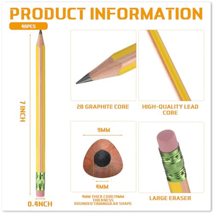 Seajan 48 Pcs 2B Jumbo Pencils, Big, Fat, Thick, Triangular Grip 7 Inch Large Pencils Refill with Eraser for Beginners Office Christmas Gifts(Yellow) - color: Yellow, style: 2B