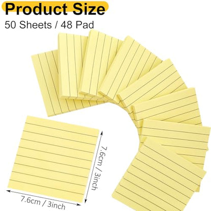 48 Pack Lined Sticky Notes 3x3 in, Yellow Self Sticky Notes with Lines, Post Stickies Sticky Memo Note Pads for School and Office Supplies, Yellow - color: Yellow
