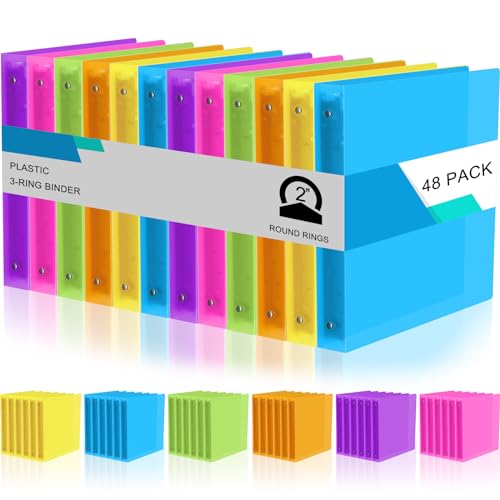 Fulmoon 48 Pack 3 Ring Plastic Binders 2 Inch Bulk with 2 Pockets, Flexible Binder Loose Leaf Hardcover, Fit 12" x 10" US Letter Size Paper, for School Office Home, 6 Colors(Bright) - color: Bright, size: 2 Inch
