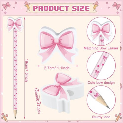 Sabary 72 Pcs/36 Sets Coquette Pink Bow Pencils with Erasers Cute Preppy Wooden Pink Bow Pencils Bulk Gifts for Girls Students Back to School Classroom Birthday Coquette Stationery Party Favor Supply