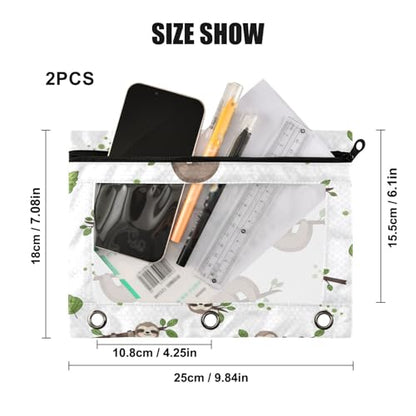 Blueangle Sloth with Green Leaves Pencil Pouch for 3 Ring Binder, 2 Pack Clear Window Zipper Pencil Bags for Office