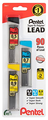 Pentel Super Hi-Polymer Mechanical Pencil Lead Refill - 0.5mm, 0.7mm, 0.9mm - 90 Lead refills (30 of Each Size) - size: 90 Count (Pack of 1)