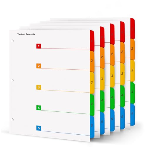 Tab Dividers for 3 Ring Binders – 6 Sets, 1–5 Numbered Index Dividers with Table of Contents – 8.5 x 11 in, 3-Hole Punched – Binder Dividers for School, Office, Filing, Organizing - size: 1-5 Tabs