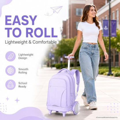 AGSDON Quiet Glide Rolling Backpack with Lunch Box Set - Large Wheel Water-Resistant Wheeled Bag for Business, Travel, and College | Lavender Purple 3-in-1 Organizer Backpack - color: Reflective Purple - Rolling Backpack