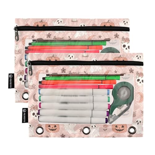 Emelivor Halloween Pumpkin Head Pencil Pouch for 3 Ring Binder 2 Pack Binder Pencil Case with Clear Window Pencils Bags with Zipper for Office Daily College Home Supplies - color: 15-Pumpkin Head