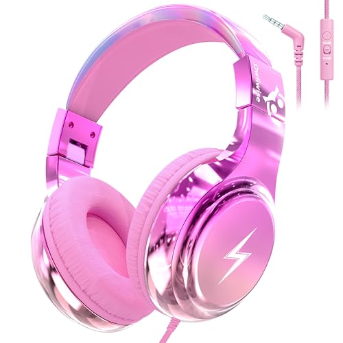 Owliwise Kids Headphones for School and Travel, Safe 85/94dB Volume Limiter, HD Microphone, Stereo Sound, Over-Ear Foldable Wired Headphones, 3.5mm Jack for iPad Cord Tablet Computer, Boys Girls - color: Pink