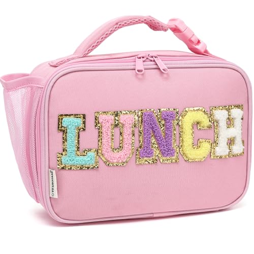 FlowFly Kids Lunch Bag, Durable Insulated School Lunch Box with Bottle Holder, Water-resistant Thermal Small Lunch Cooler Tote for Teen Boys & Girls,PinkWithLetter - color: PinkWithLetter