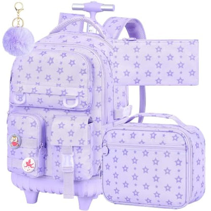CCJPX 3Pcs Rolling Backpack for Girls, Roller Wheeled School Bookbag, Star Wheels Backpacks with Lunch Box for Kids (Purple) - color: Star Purple