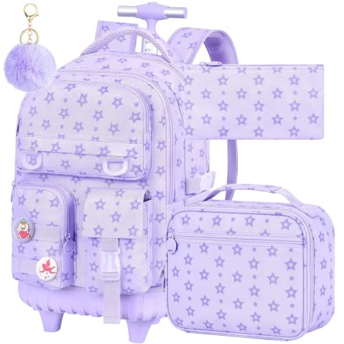CCJPX 3Pcs Rolling Backpack for Girls, Roller Wheeled School Bookbag, Star Wheels Backpacks with Lunch Box for Kids (Purple) - color: Star Purple