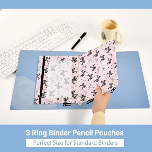Binder Pencil Pouches Bows Cosmetic Bags 2 Pack | Clear Window 3 Rings, Cosmetic Bags School Office Supplies Cosmetic Makeup Bag 2 Psc - color: Multi-Pink Bows