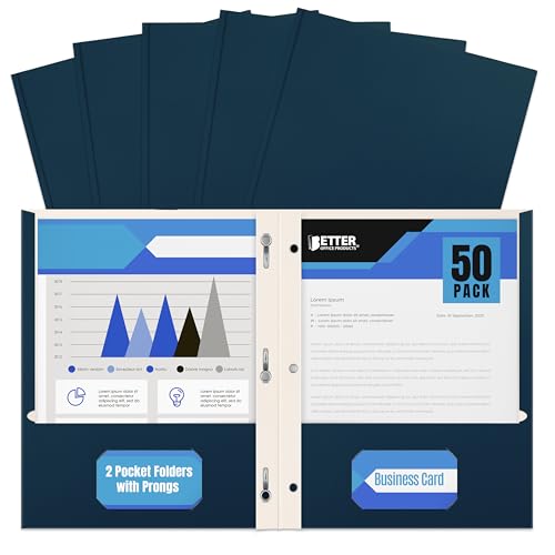 Better Office Products Navy Blue Paper 2 Pocket Folders with Prongs, 50 Pack, Matte Texture, Letter Size Paper Folders, 50 Pack, with 3 Metal Prong Fastener Clips, Dark Blue - color: Navy Blue