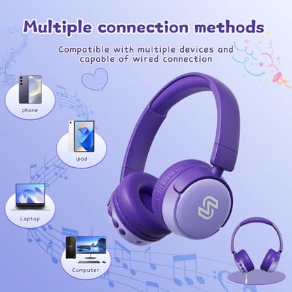 S62 Kids Bluetooth Headphones On Ear, Wireless Headset with Mic & 85/94dB Volume Limiter, Foldable Stereo Headphones for Boys Girls, Safe Learning & Entertainment Headphones for School/Travel - color: Purple