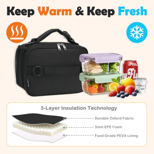 FlowFly Kids Lunch Bag, Durable Insulated School Lunch Box with Shoulder Strap and Bottle Holder, Water-resistant Thermal Small Lunch Cooler Tote for Teen Boys & Girls,Black - color: Black