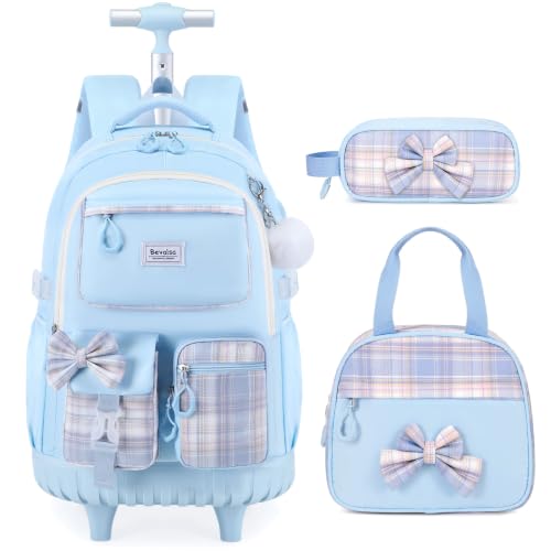 Bevalsa Rolling Backpack for Girls, Roller Backpack with Wheels, Cute Bow Plaid Wheeled School Bookbag Set with Lunch Bag & Pen Case, Suitcases for Kids Teens Elementary Middle Student (Blue) - color: Blue Plaid