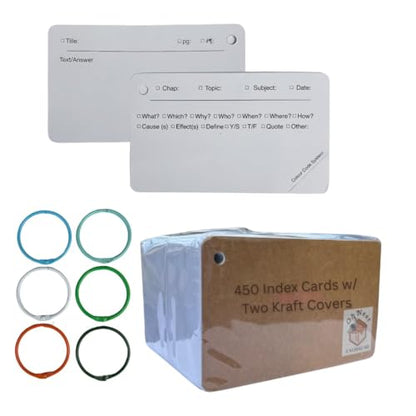 Tailored Flashcards to Curate Note Cards 5x3" Heavy Duty White Pre-made Index Cards with Rings, 450 Pack,2 Kraft Covers, 6 Binder Rings for Nursing College Students.