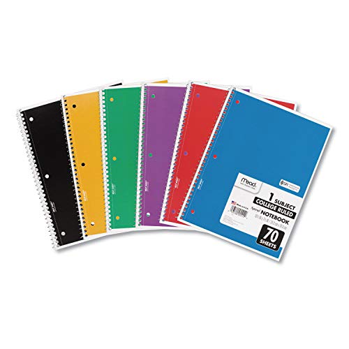 Mead Spiral Notebook, 1 Subject, College Ruled Paper, 7-1/2" x 10-1/2", 70 Sheets per Notebook, Colors Will Vary, 6 Pack (73065) - size: Pack of 6
