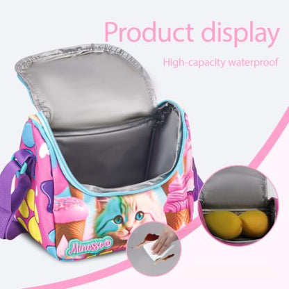 Insulated Lunch Bag for Kids Soft Bag Washable with Strap Reusable Toddler Lunch box School Supplies Food Carrier Snacks Picnic(Multi) - color: Cat