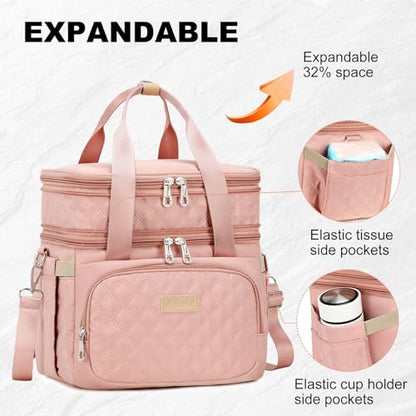 AIJIEKE Lunch Bag for Women, Insulated Double Deck Work Lunch Box, Pink | Durable, leakproof thermal cooler tote. Double compartment, expandable pockets, strap. For travel meal prep, beach, picnic - color: Pink