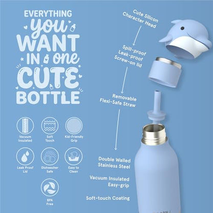 asobu Bestie Bottle Limited Edition Collectible Kids Water Bottle with Animal Character Lid 16oz (460ml) Insulated Stainless Steel, Leakproof, Reusable with Straw Fun Gift for Girls & Boys - color: KIYOSHI THE DOLPHIN