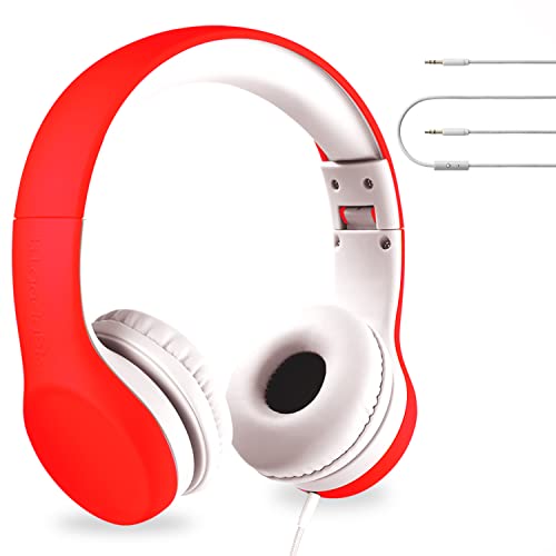 LilGadgets Connect+ Foldable Headphones, Adjustable Fit Soft Touch Padding for Kids with Mic, Volume-Limited & Noise Reduction On-Ear Wired Headset for School with SharePort - Red, Ages 3-14 - color: Red